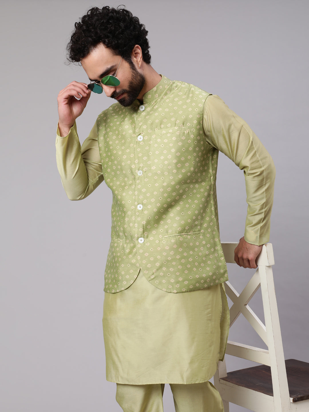 Men's Green Kurta Pyjama With Bandhani Print Nehru Jacket - Aks Men