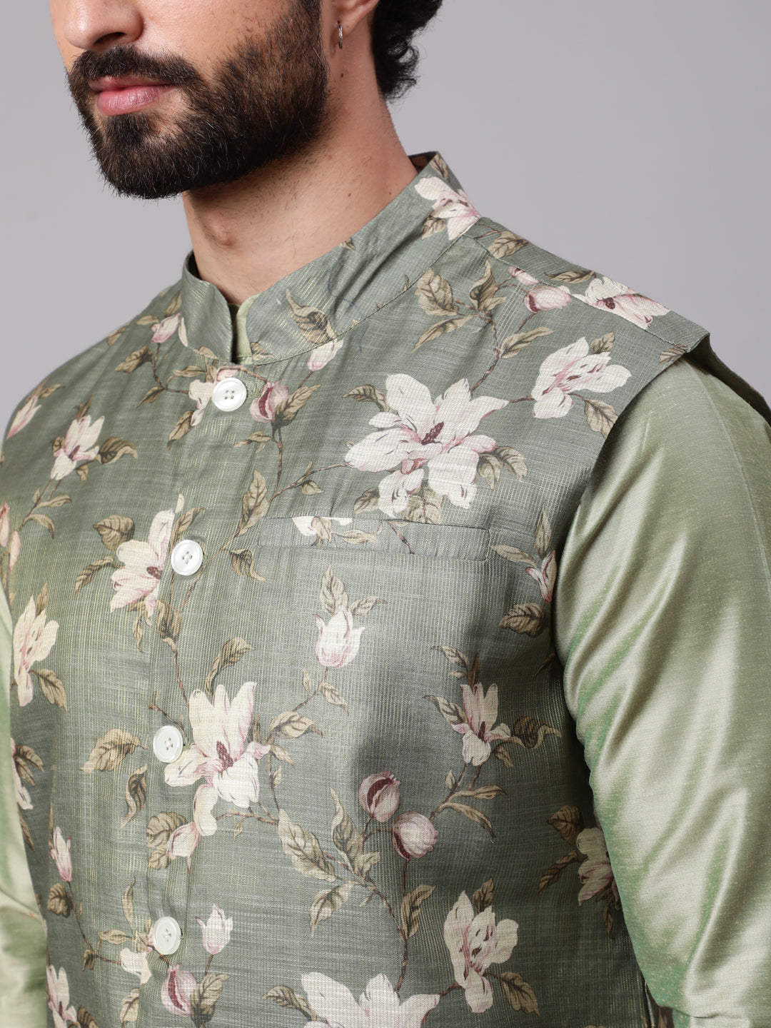 Men's Pastel Green Kurta & Pyjama With Floral Print Nehru Jacket - Aks Men