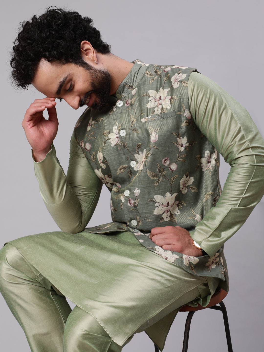 Men's Pastel Green Kurta & Pyjama With Floral Print Nehru Jacket - Aks Men