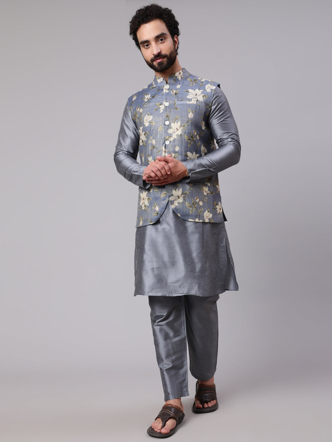 Men's Grey Kurta Pyjama With Floral Print Nehru Jacket - Aks Men