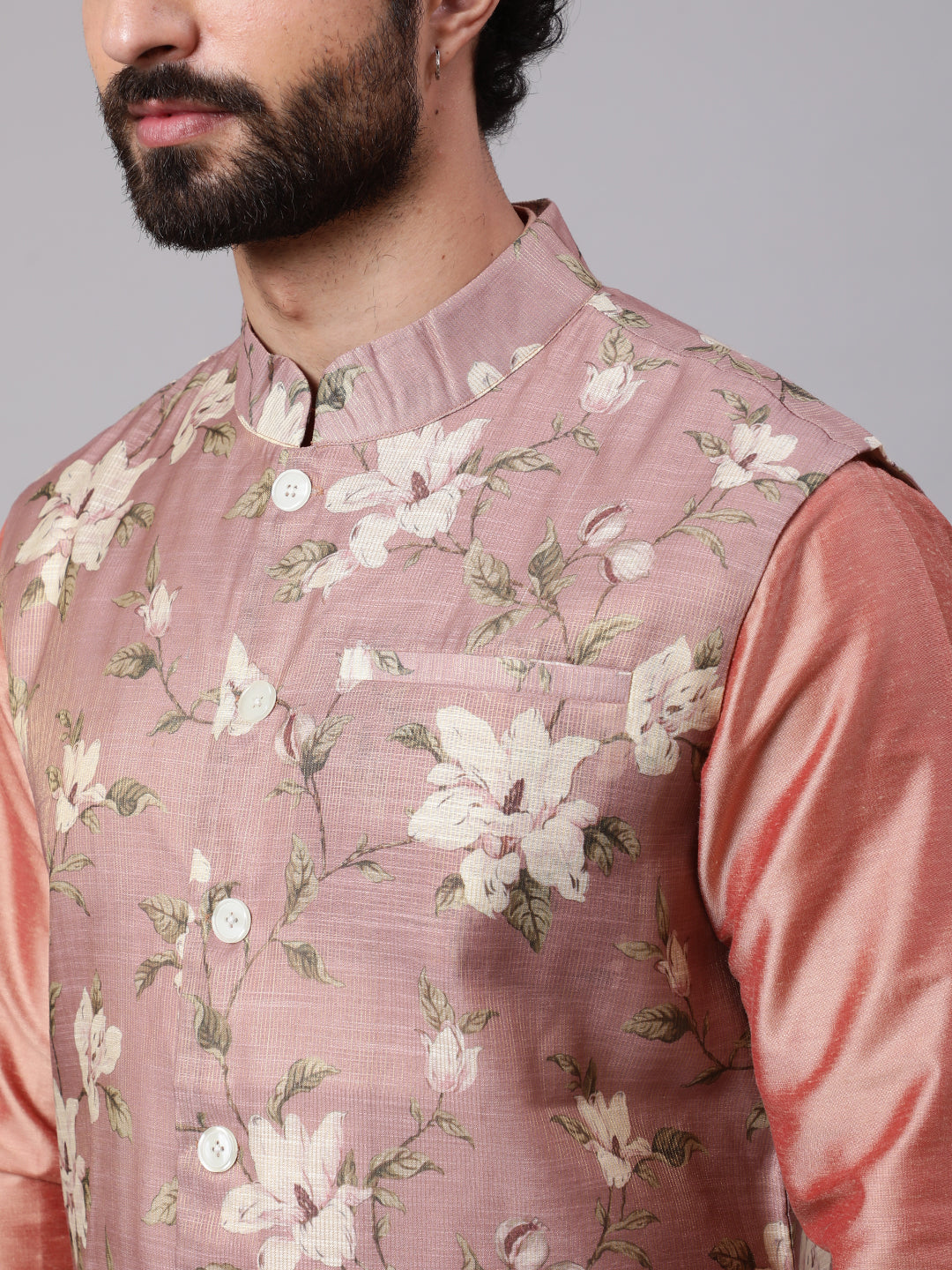 Men's Rose Gold Kurta Pyjana With Floral Print Nehru Jacket - Aks Men