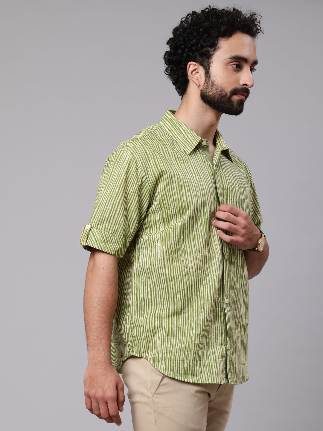 Men's Green Striped Shirt With Roll-Up Sleeve - Aks Men
