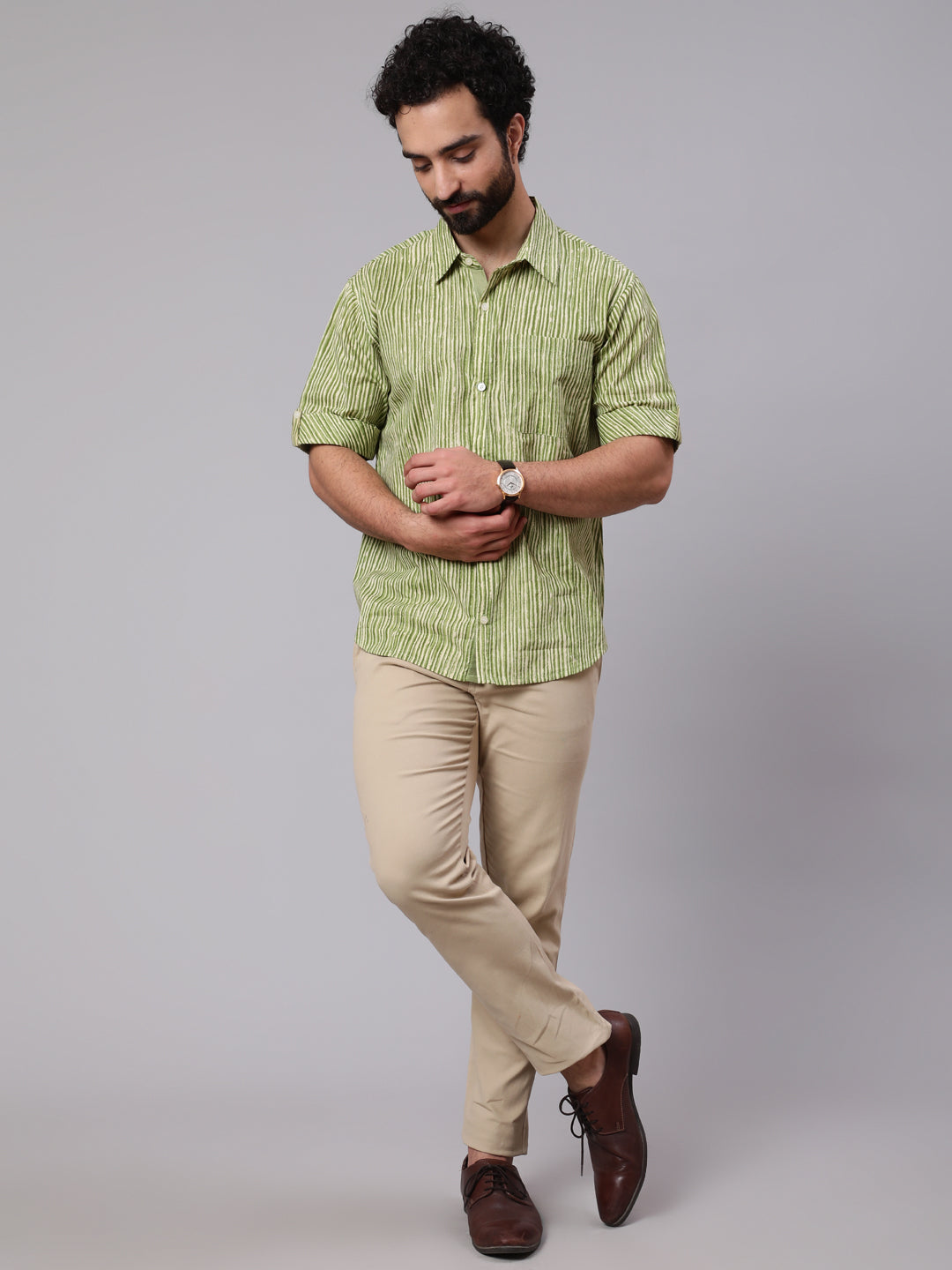 Men's Green Striped Shirt With Roll-Up Sleeve - Aks Men