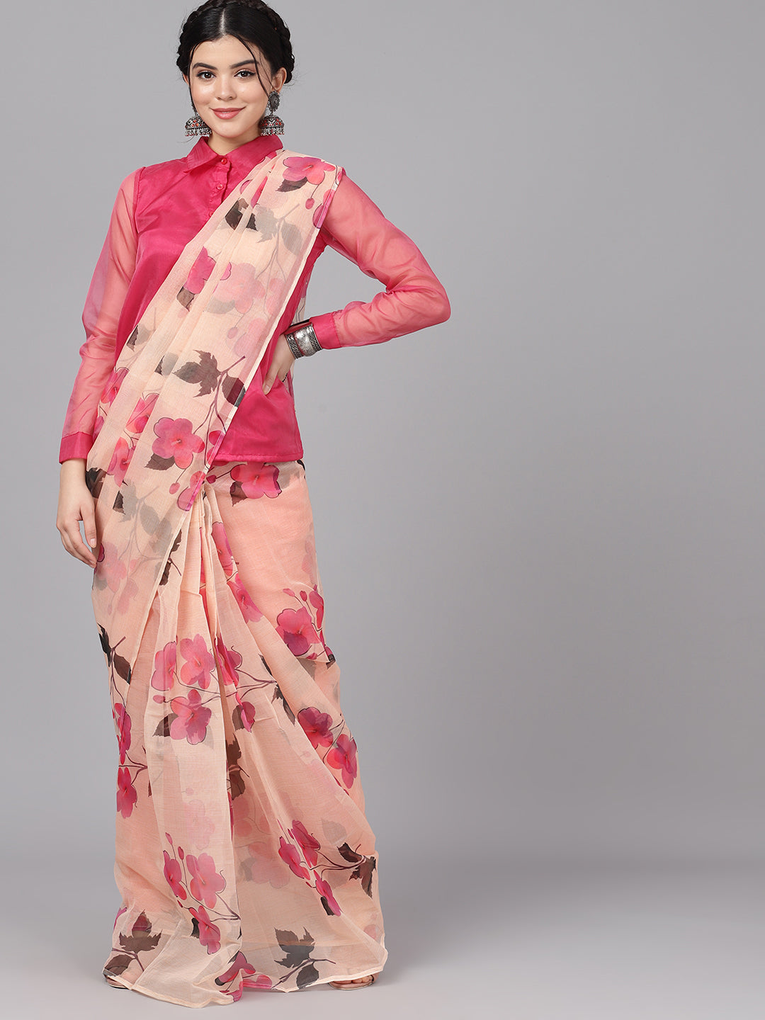 Women's Cream Floral Print Traditional Saree - Aks
