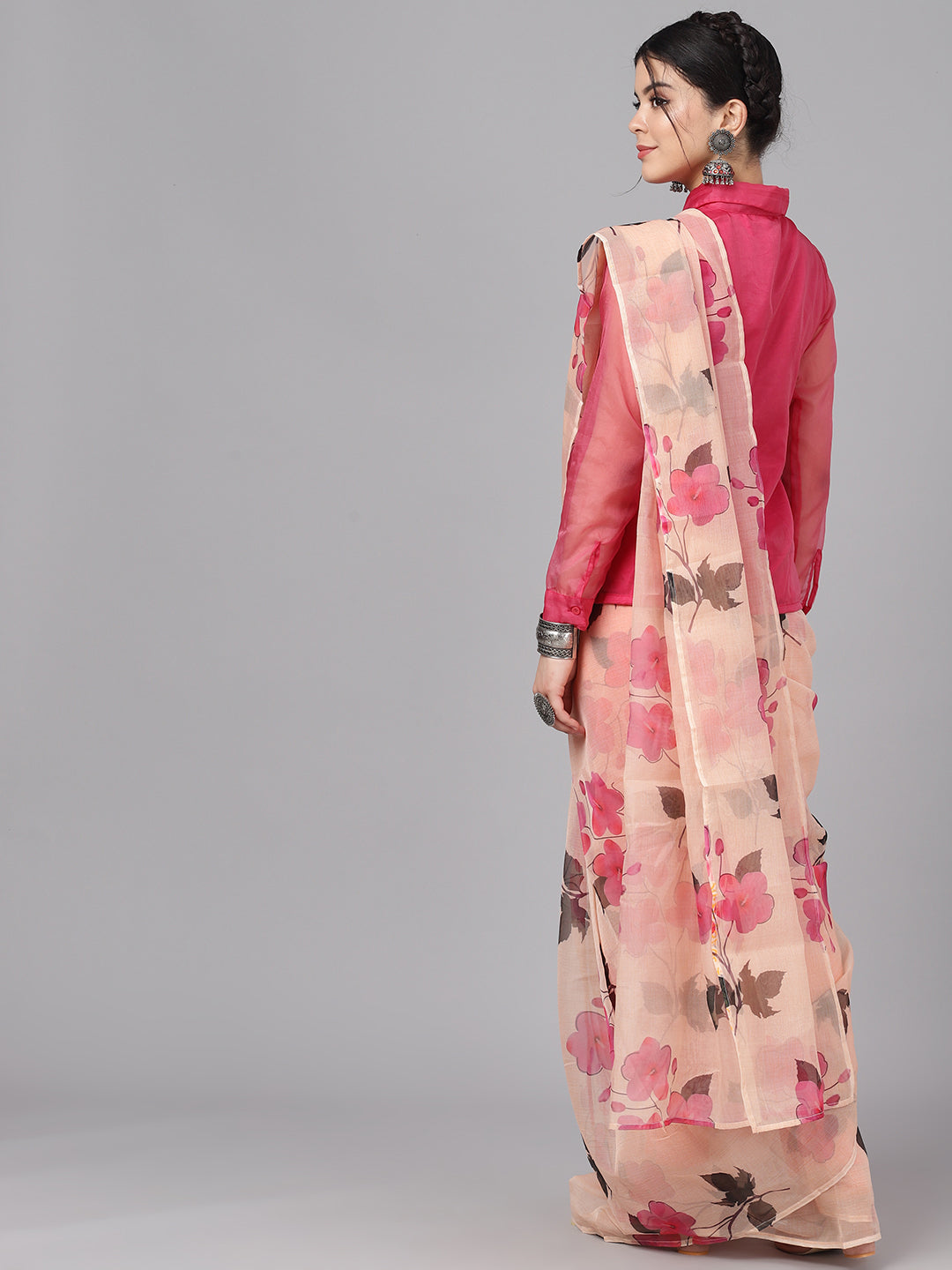 Women's Cream Floral Print Traditional Saree - Aks
