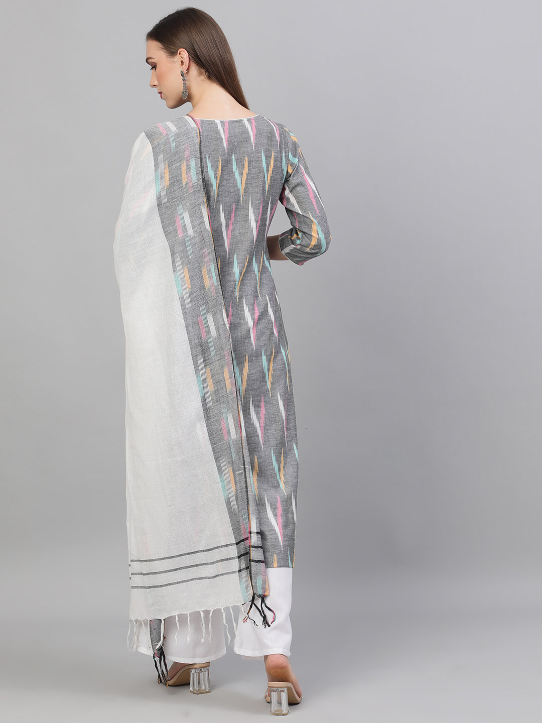 Women's Grey Ikat Designed Kurta Palazzo With Dupatta - Aks