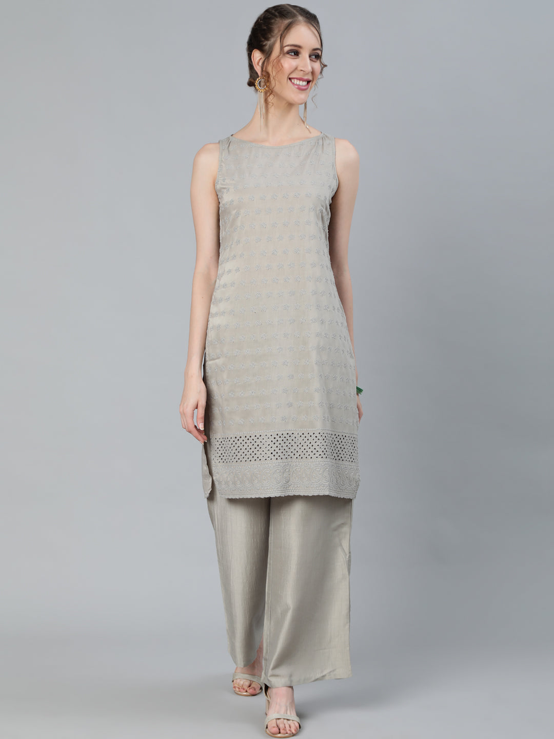 Women's Grey Schiffli Designed Kurta With Palazzo - Aks