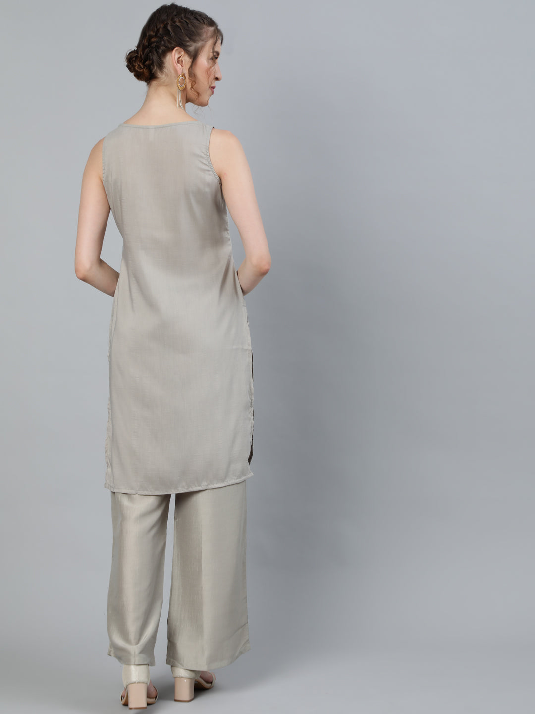 Women's Grey Schiffli Designed Kurta With Palazzo - Aks