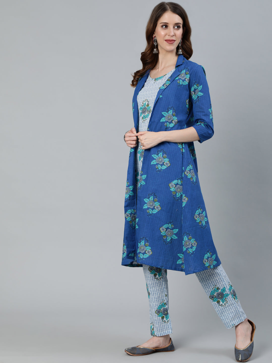 Women's Blue Floral Print Kurta Pant With Jacket - Aks