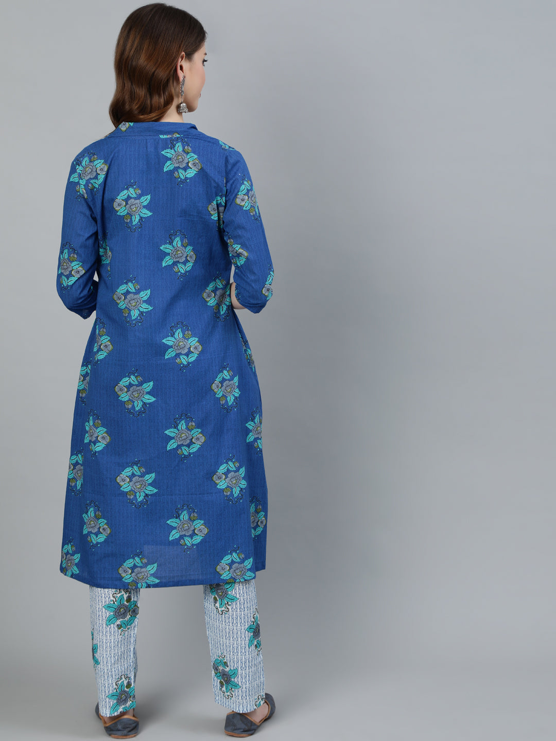 Women's Blue Floral Print Kurta Pant With Jacket - Aks