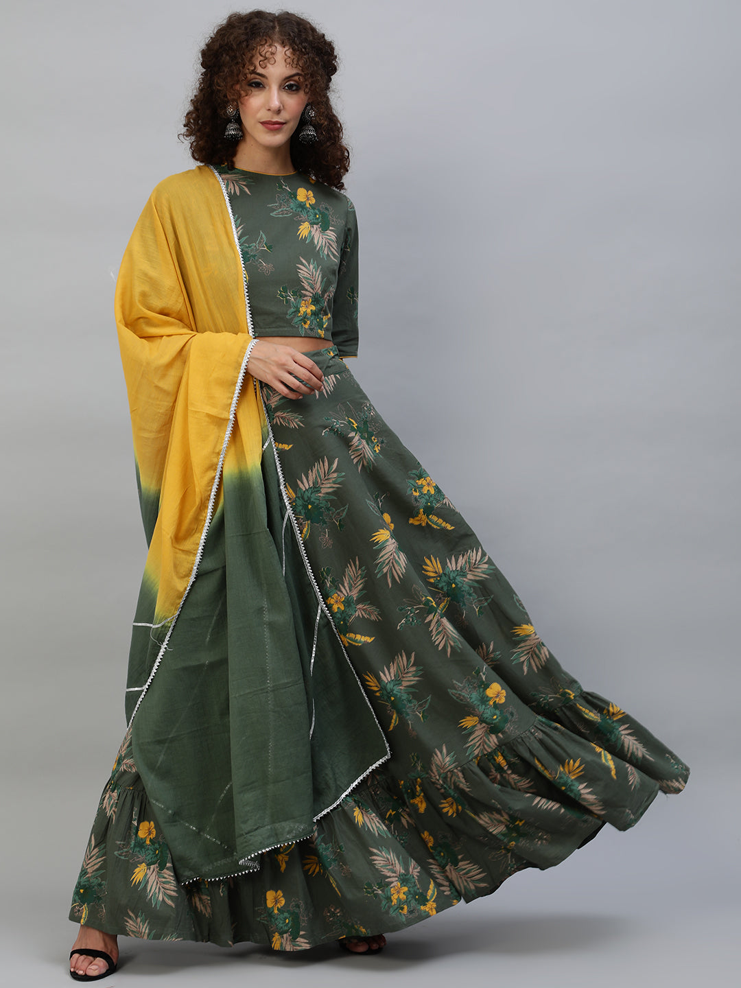 Women's Green Floral Print Lehenga Choli With Dupatta - Aks