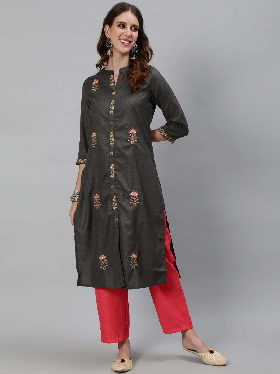 Women's Grey Embroidered Kurta With Pant - Aks