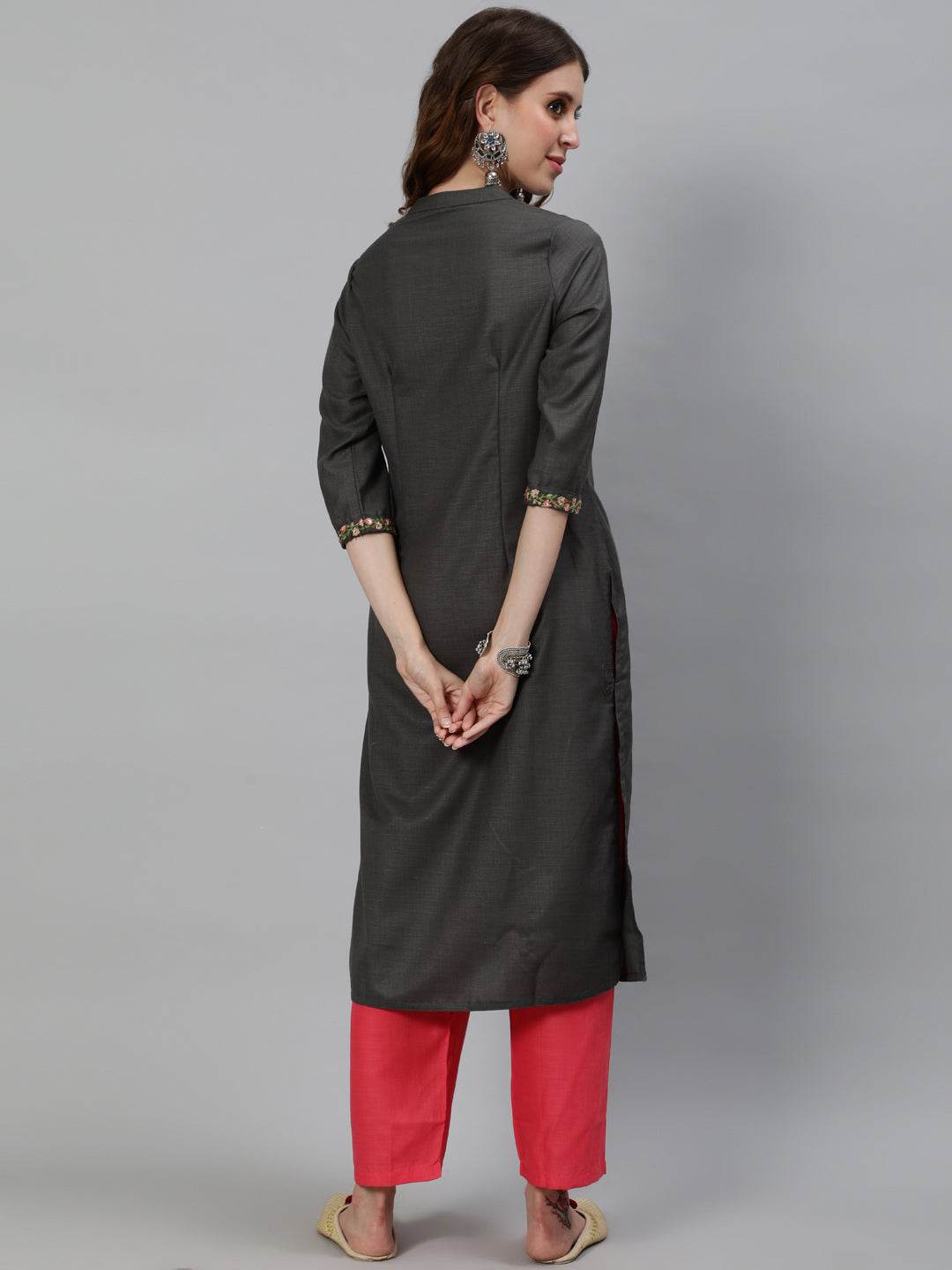Women's Grey Embroidered Kurta With Pant - Aks