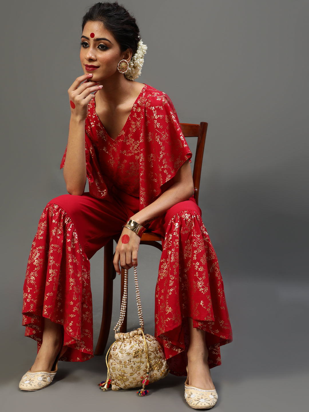 Women's Red Gold Printed Co Ord Set - Aks