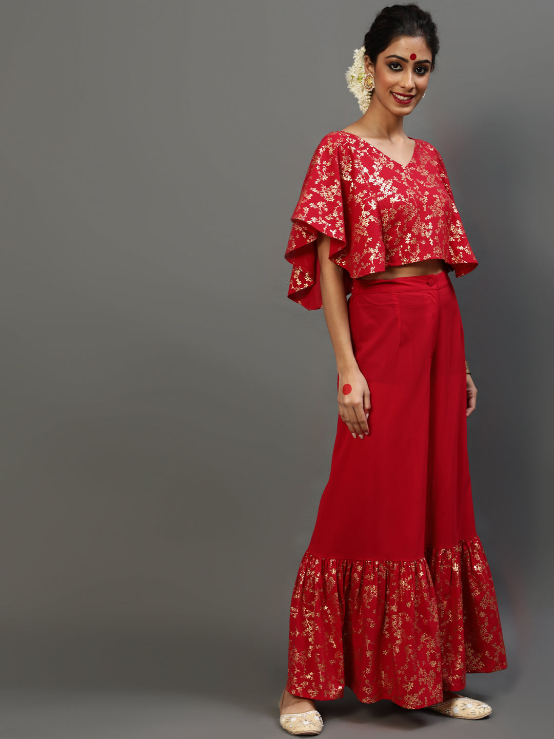Women's Red Gold Printed Co Ord Set - Aks