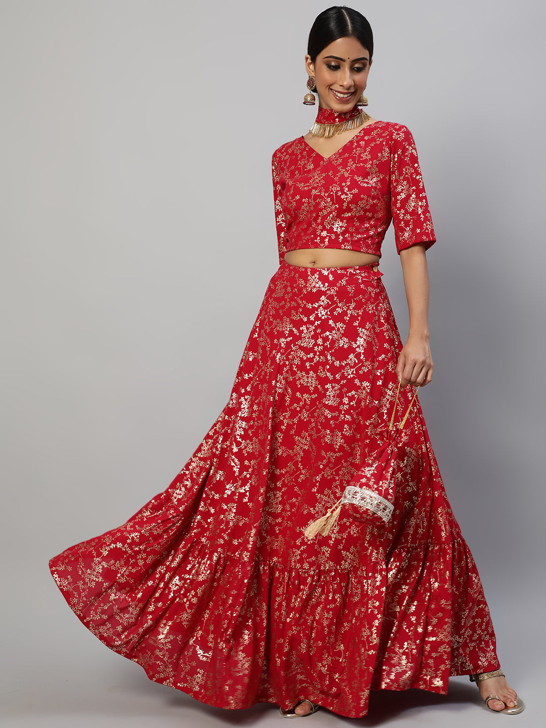 Women's Red Floral Printed Lehenga Choli With Potali Bag & Necklace - Aks