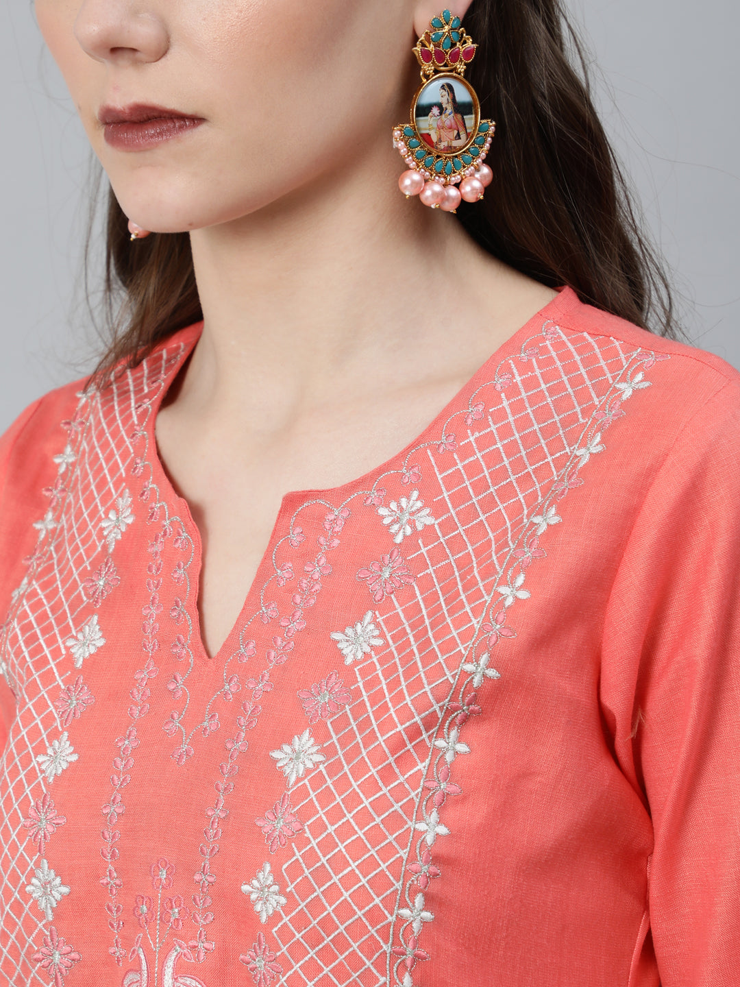Women's Peach Embroidered Straight Kurta Set - Aks