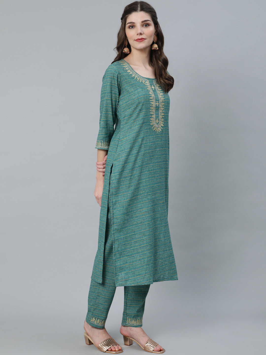 Women's Pastel Blue Striped Embroidered Kurta With Pant - Aks