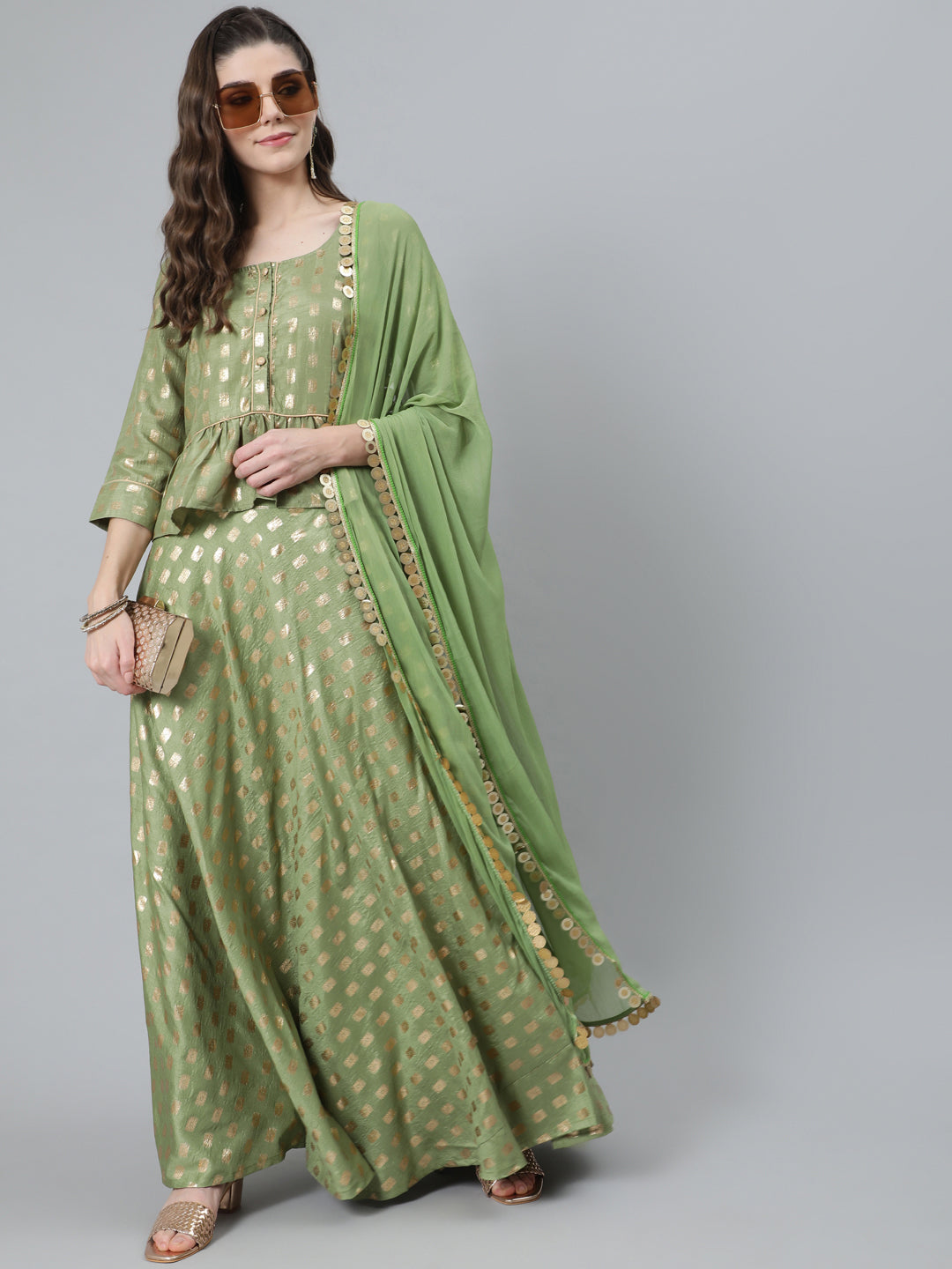 Women's Green Foil Print Lehenga Choli With Dupatta - Aks