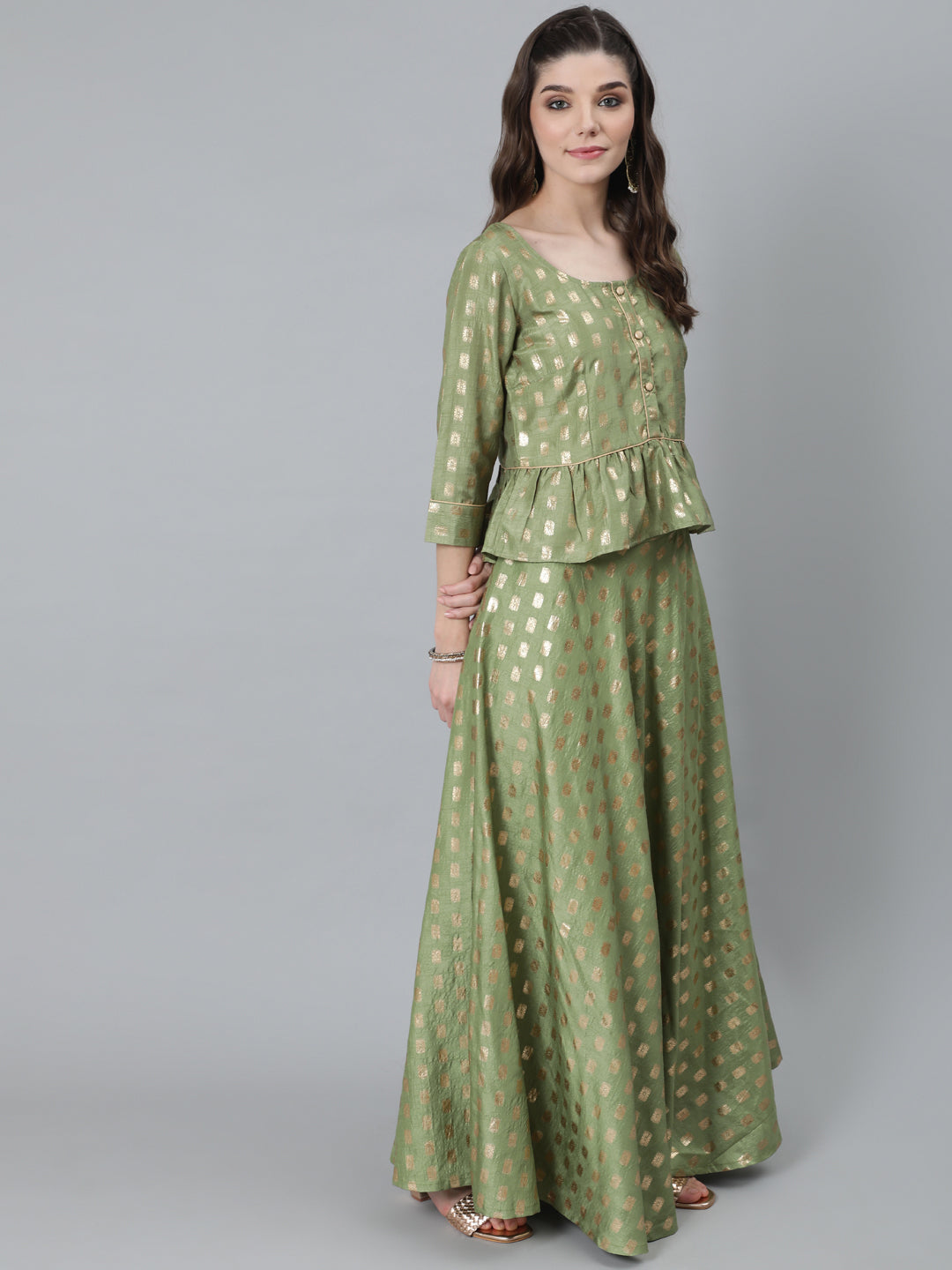Women's Green Foil Print Lehenga Choli With Dupatta - Aks