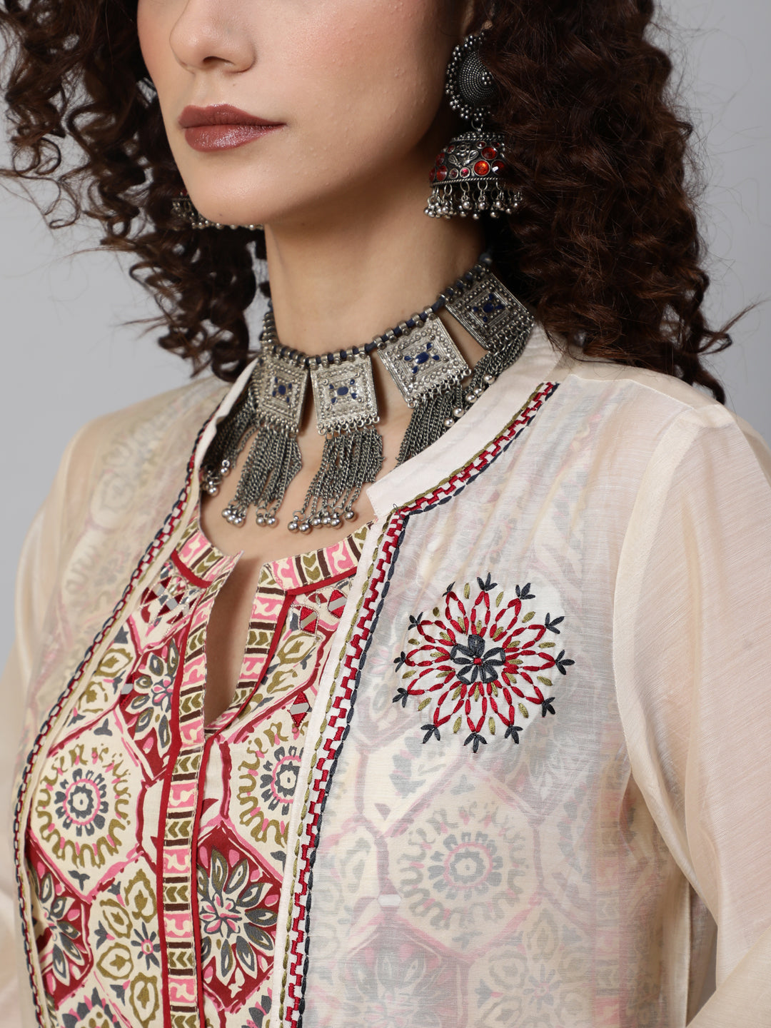 Women's Cream Floral Printed Lehenga Choli With Jacket - Aks