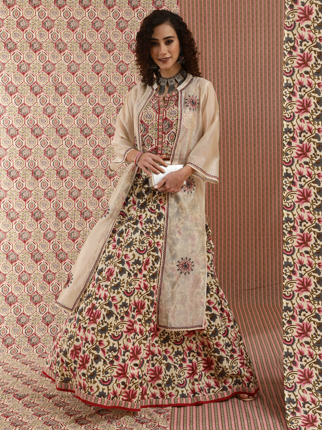Women's Cream Floral Printed Lehenga Choli With Jacket - Aks