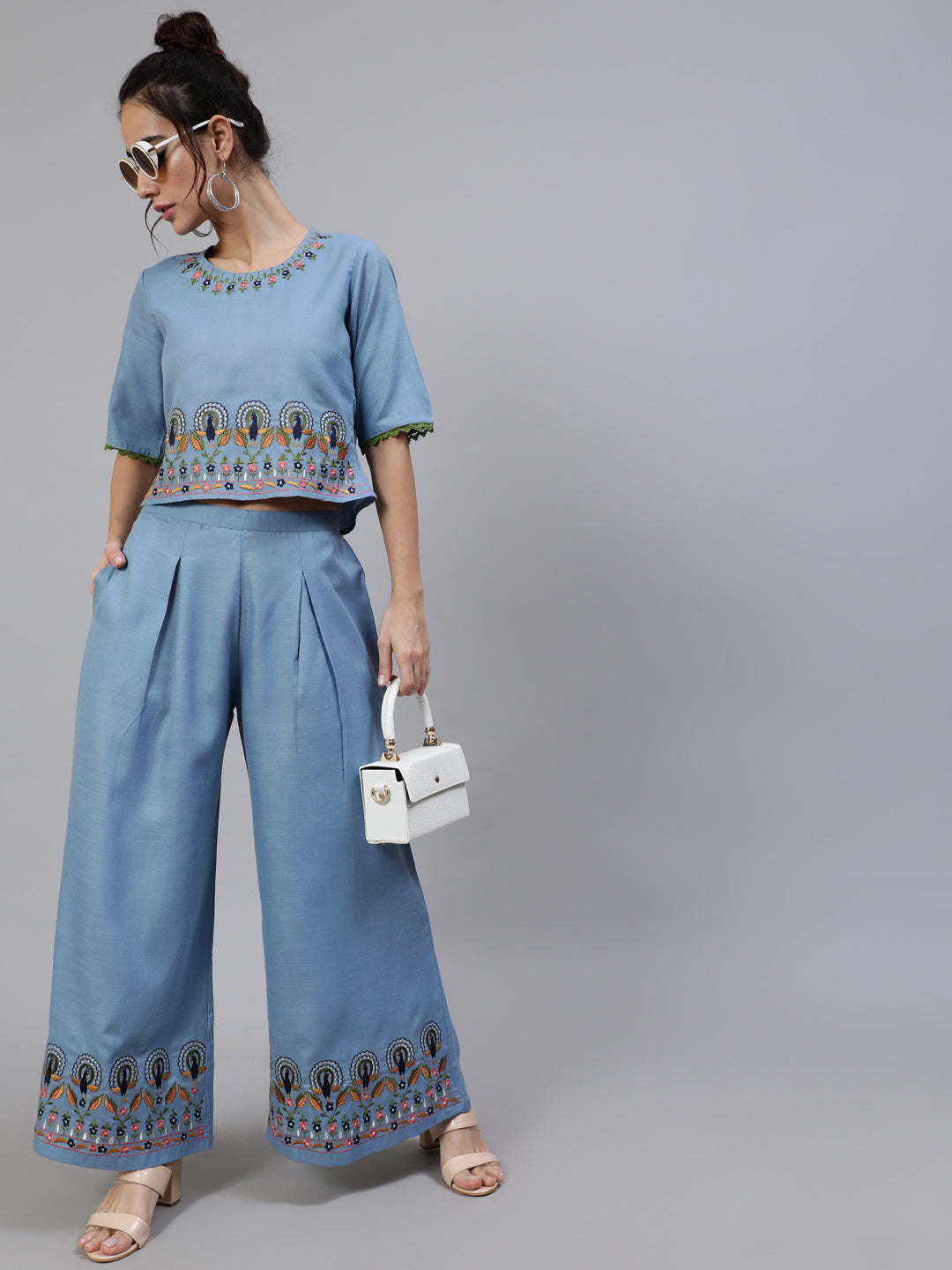 Women's Blue Embroidered Co Ord Set - Aks
