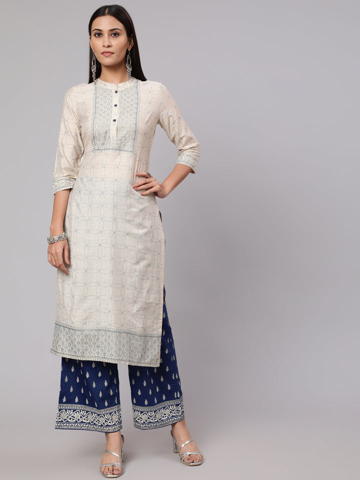 Women's Cream & Blue Gold Placement Printed Straight Kurta With Palazzo Set