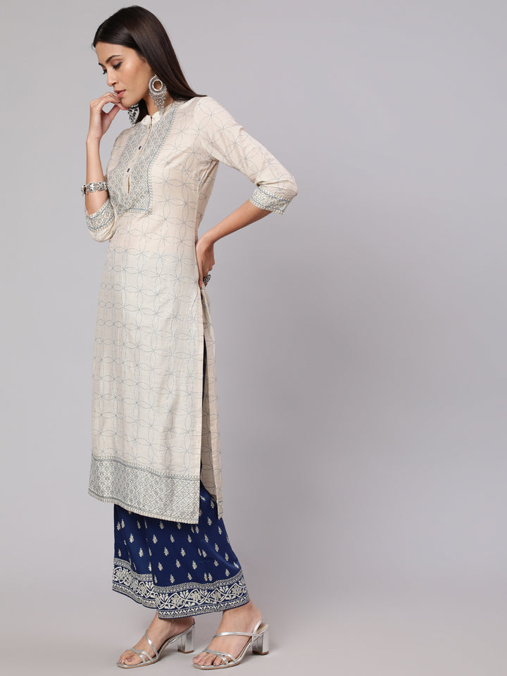 Women's Cream & Blue Gold Placement Printed Straight Kurta With Palazzo Set