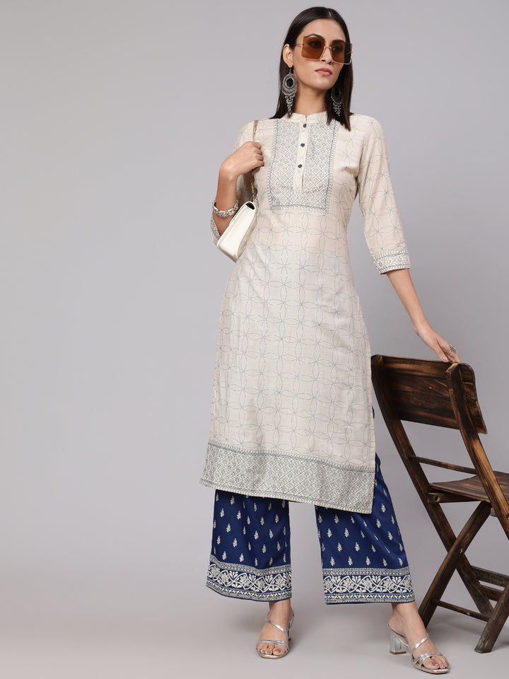 Women's Cream & Blue Gold Placement Printed Straight Kurta With Palazzo Set