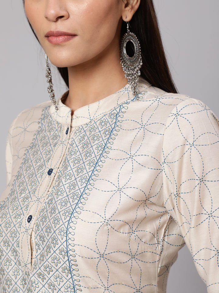 Women's Cream & Blue Gold Placement Printed Straight Kurta With Palazzo Set