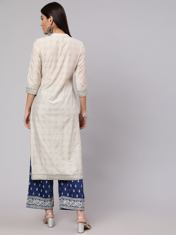 Women's Cream & Blue Gold Placement Printed Straight Kurta With Palazzo Set