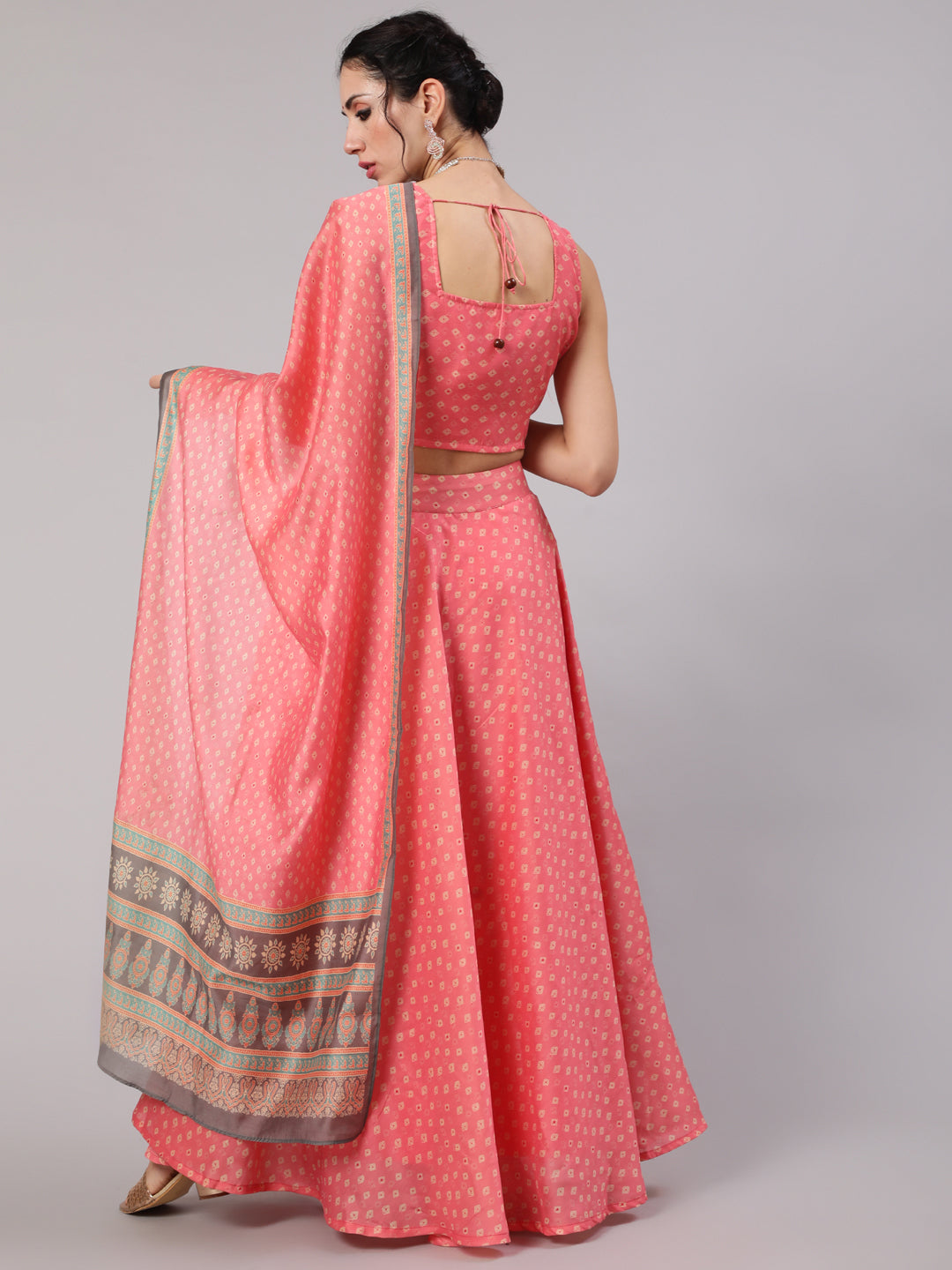 Women's Pink Bandhani Print Lehenga Choli With Dupatta Set - Aks