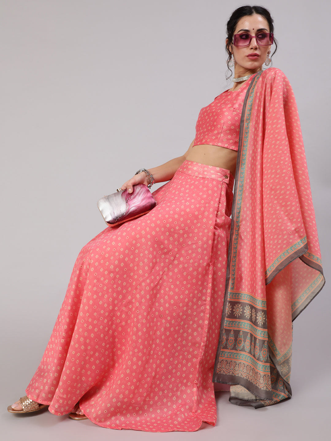 Women's Pink Bandhani Print Lehenga Choli With Dupatta Set - Aks
