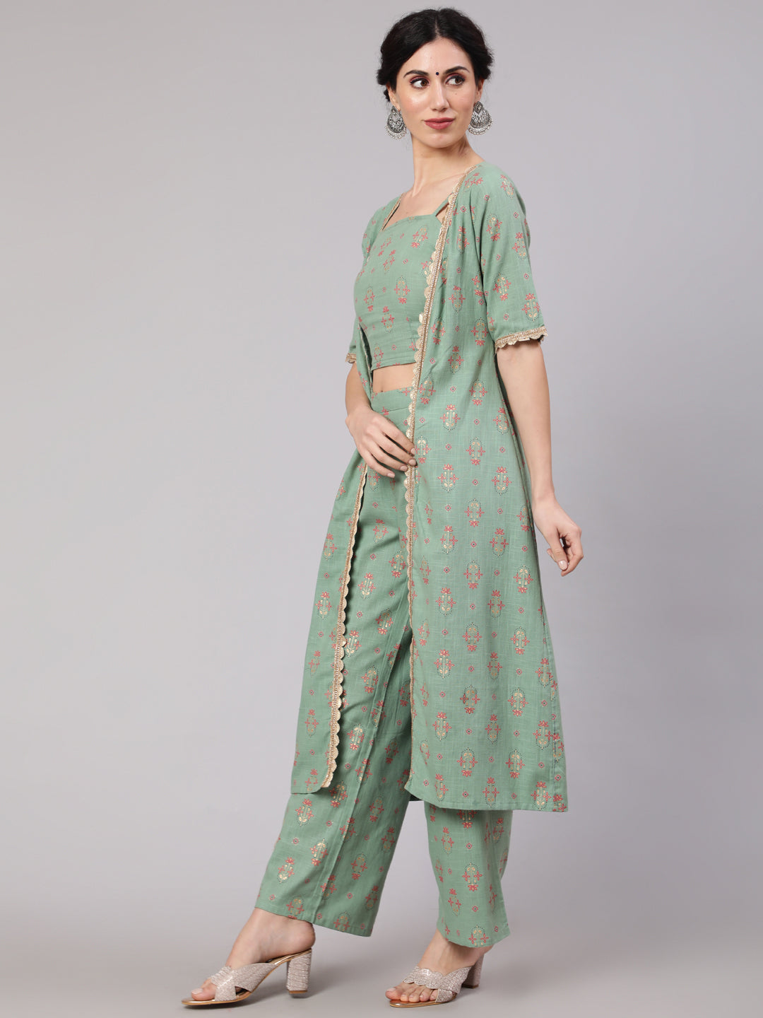 Women's Sea Green Floral Co Ord Set With Jacket - Aks