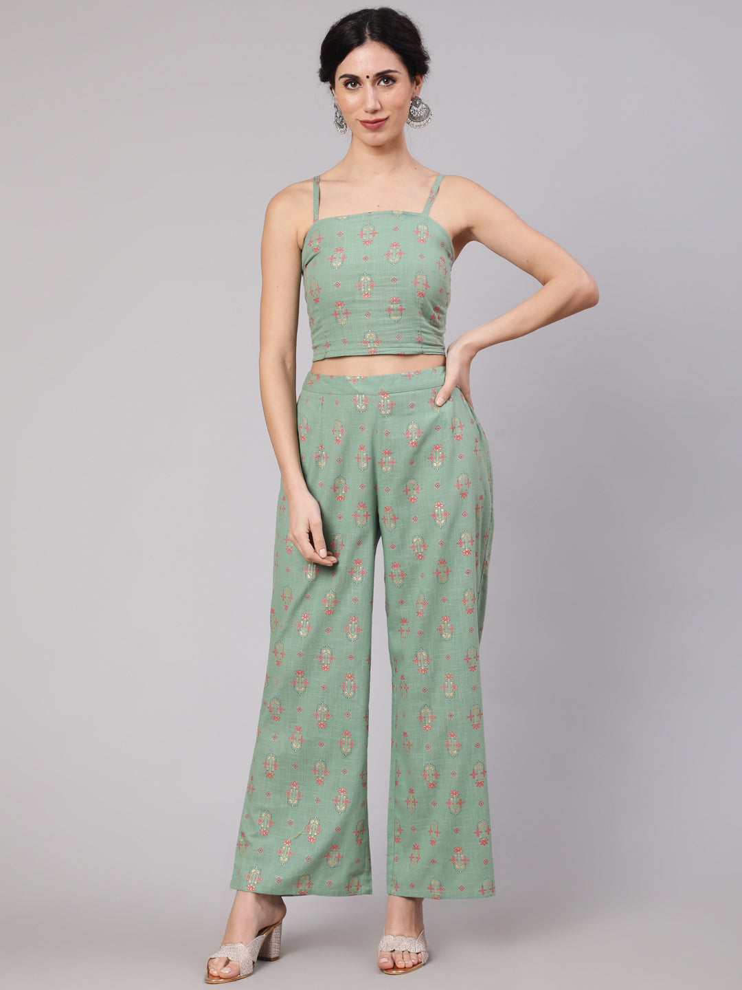 Women's Sea Green Floral Co Ord Set With Jacket - Aks