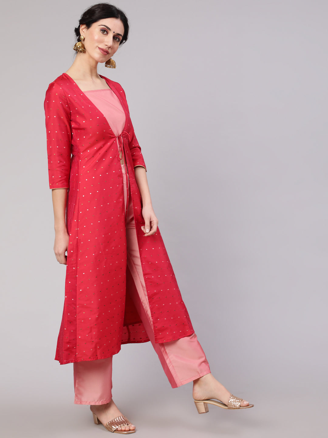 Women's Pink Co Ord Set With Red Jacket - Aks