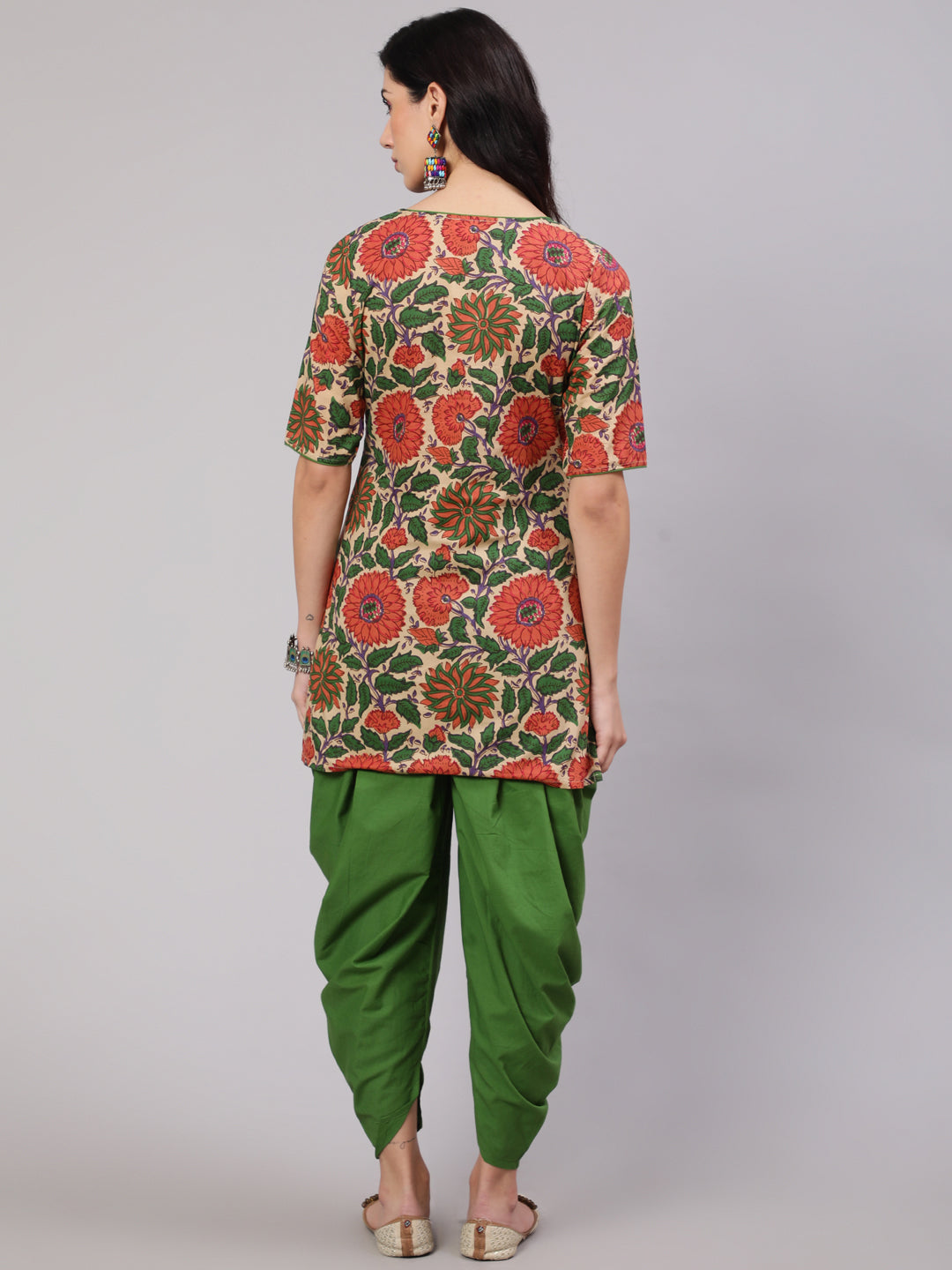 Women's Beige Floral Print Kurta With Dhoti Pant - Aks