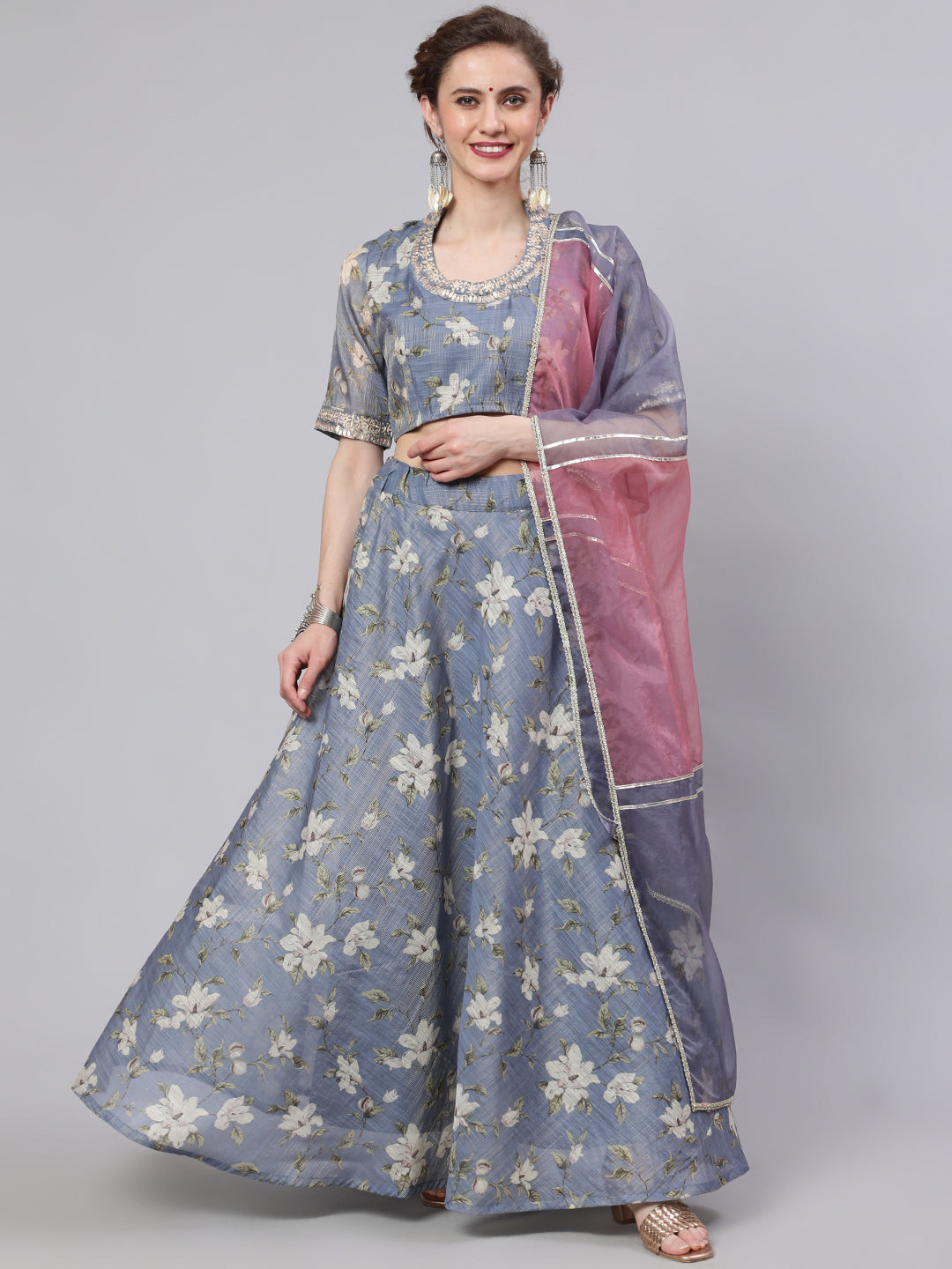 Women's Grey Floral Print Lehenga Choli With Dupatta - Aks