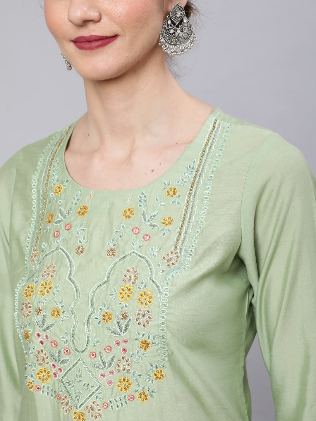 Women's Pastel Green Embroidered Kurta Pant With Dupatta - Aks
