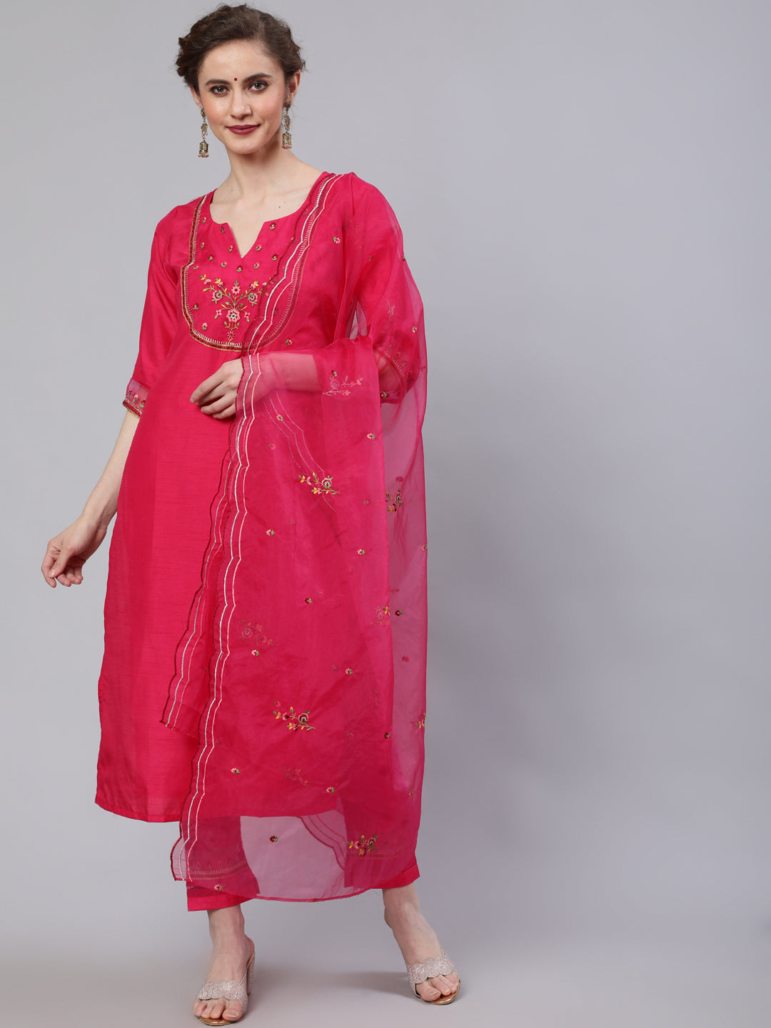 Women's Red Embroidered Kurta Pant With Dupatta - Aks
