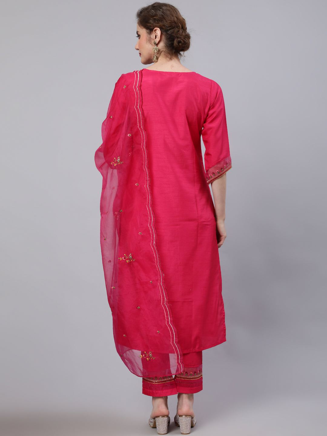 Women's Red Embroidered Kurta Pant With Dupatta - Aks