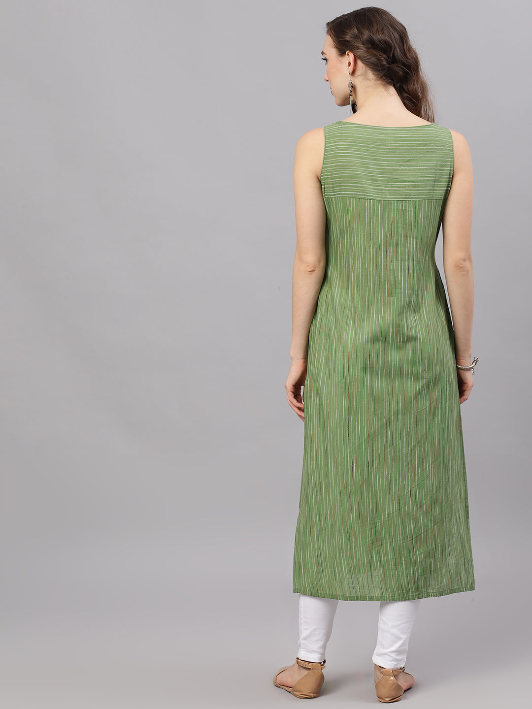 Women's Green Striped Sleeveless Straight Kurta - Aks
