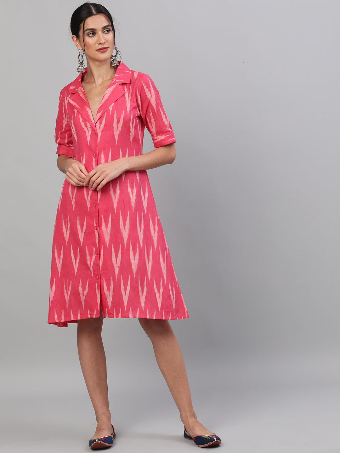 Women's Pink Ikat Design Dress - Aks
