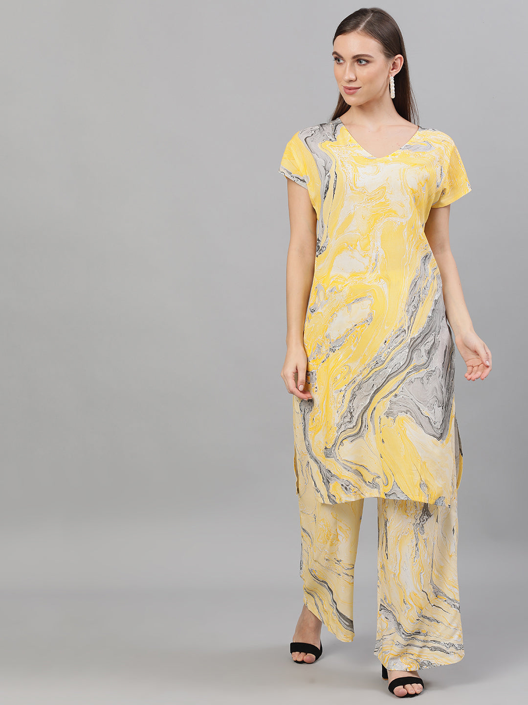 Women's Yellow & Grey Marble Print Kurta - Aks