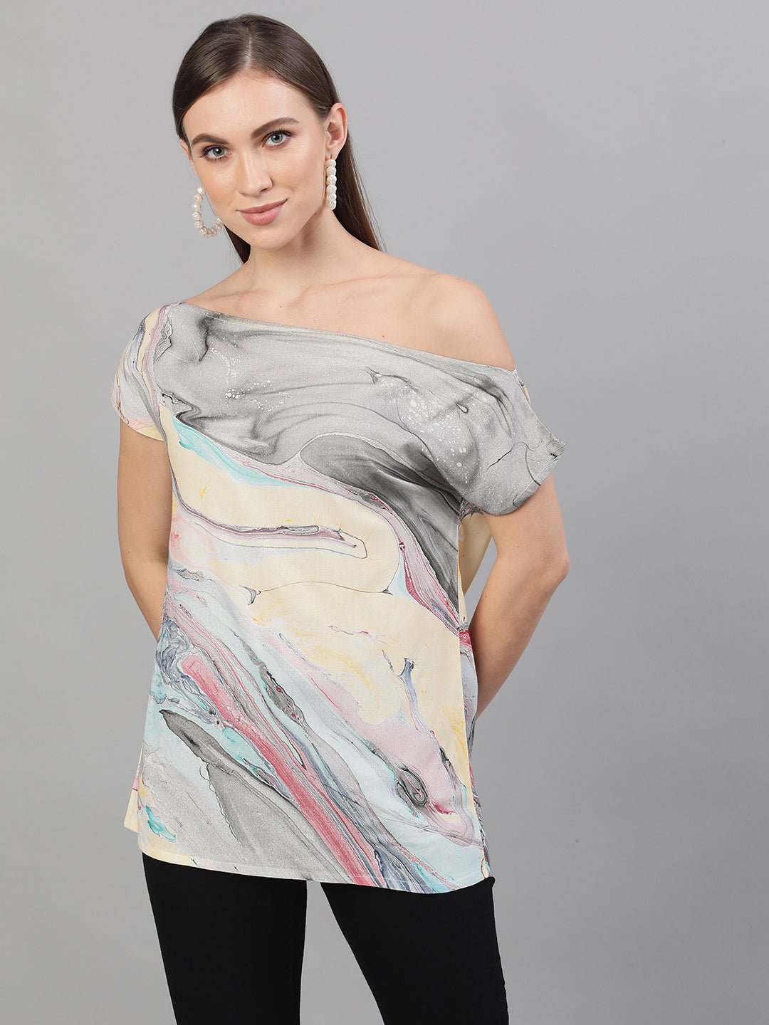 Women's Multicolor Marble Print Off-Shoulder Top - Aks