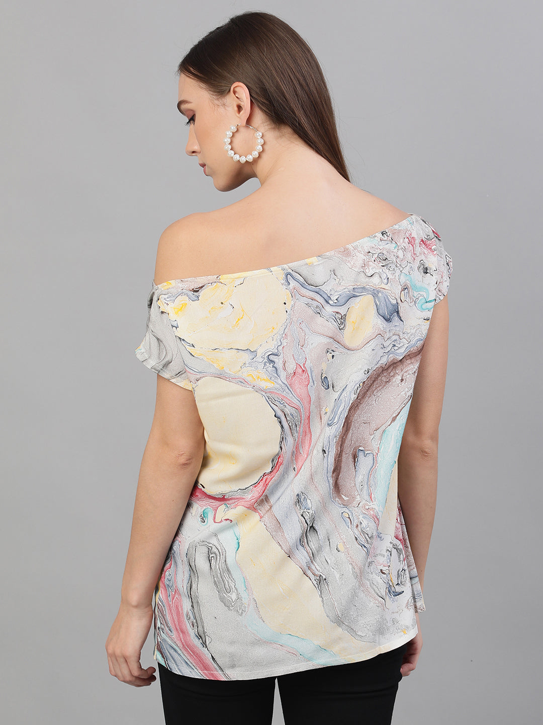 Women's Multicolor Marble Print Off-Shoulder Top - Aks