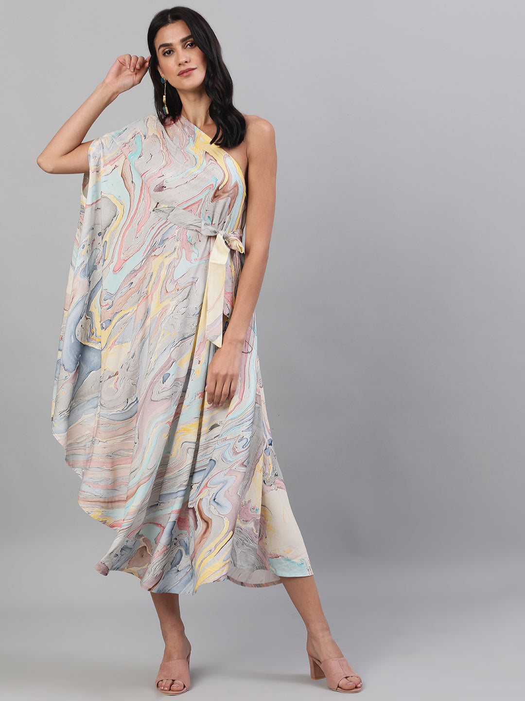 Women's Multicolor Marble Print Midi Dress - Aks