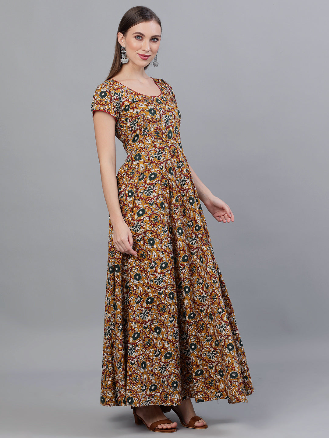 Women's Mustard Floral Print Flared Maxi Dress - Aks