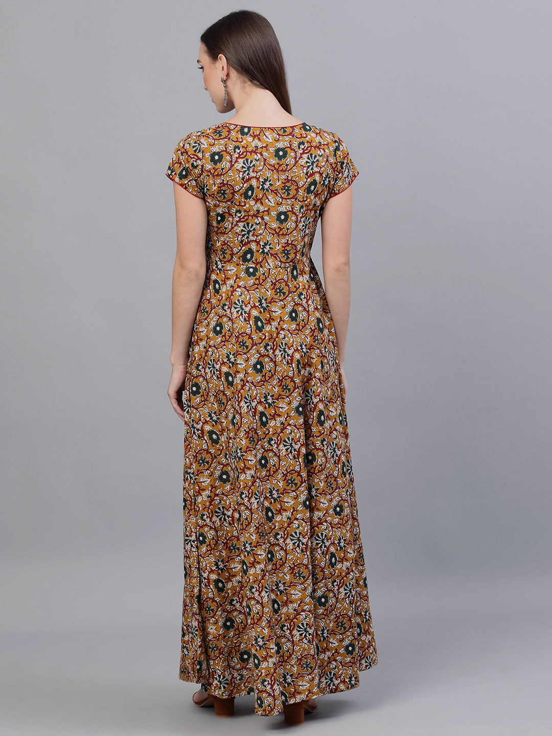 Women's Mustard Floral Print Flared Maxi Dress - Aks